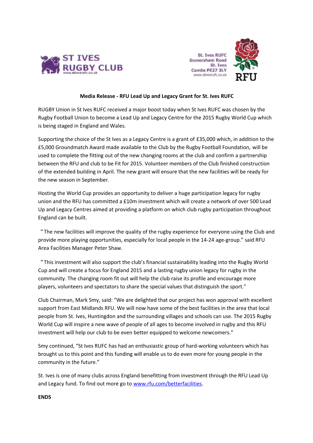 Media Release - RFU Lead up and Legacy Grant for St. Ives RUFC