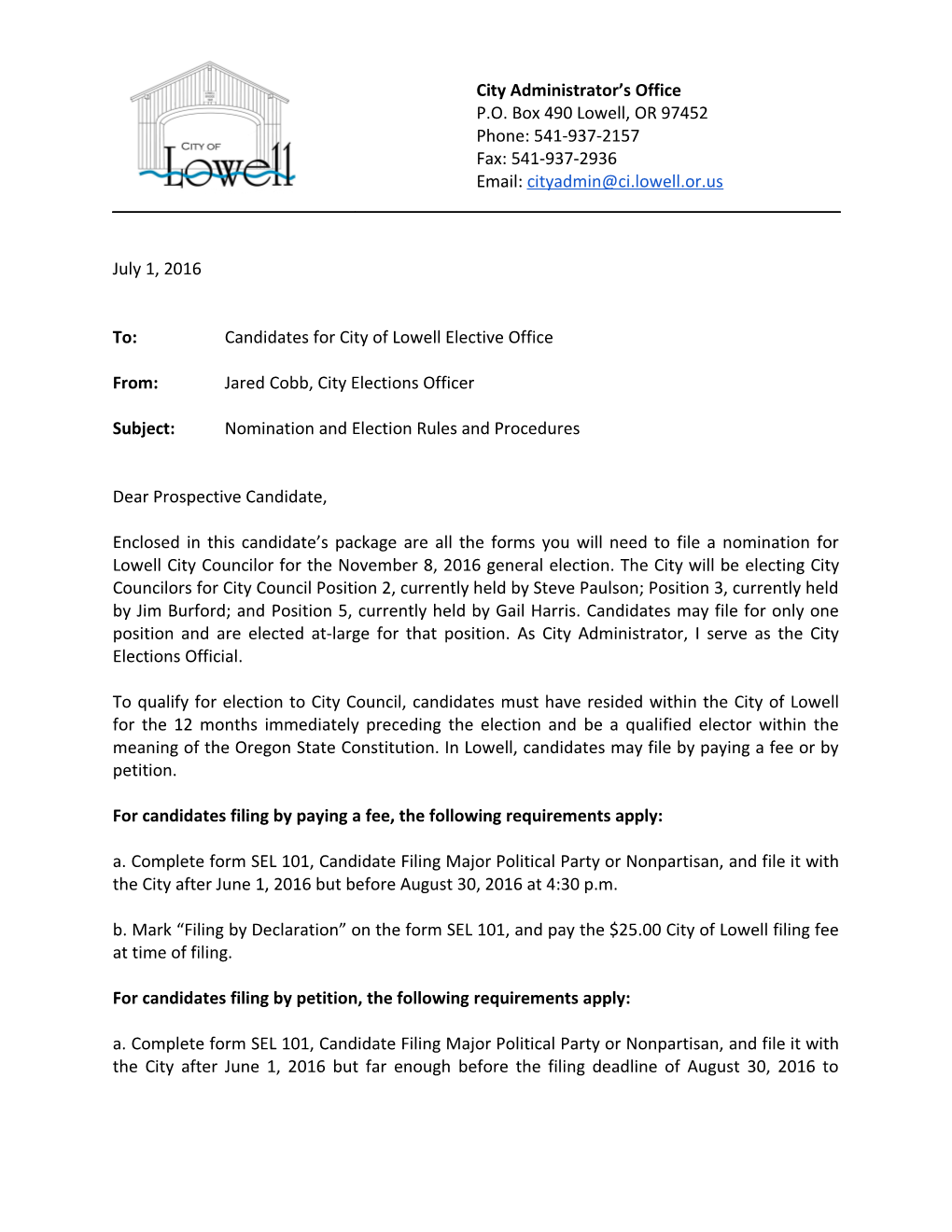 To:Candidates for City of Lowell Elective Office