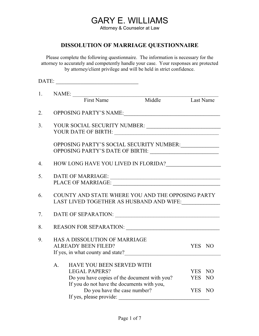 Dissolution of Marriage Questionnaire