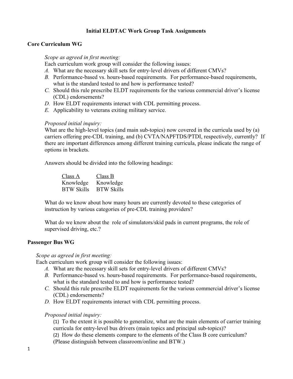 Initial ELDTAC Work Group Task Assignments