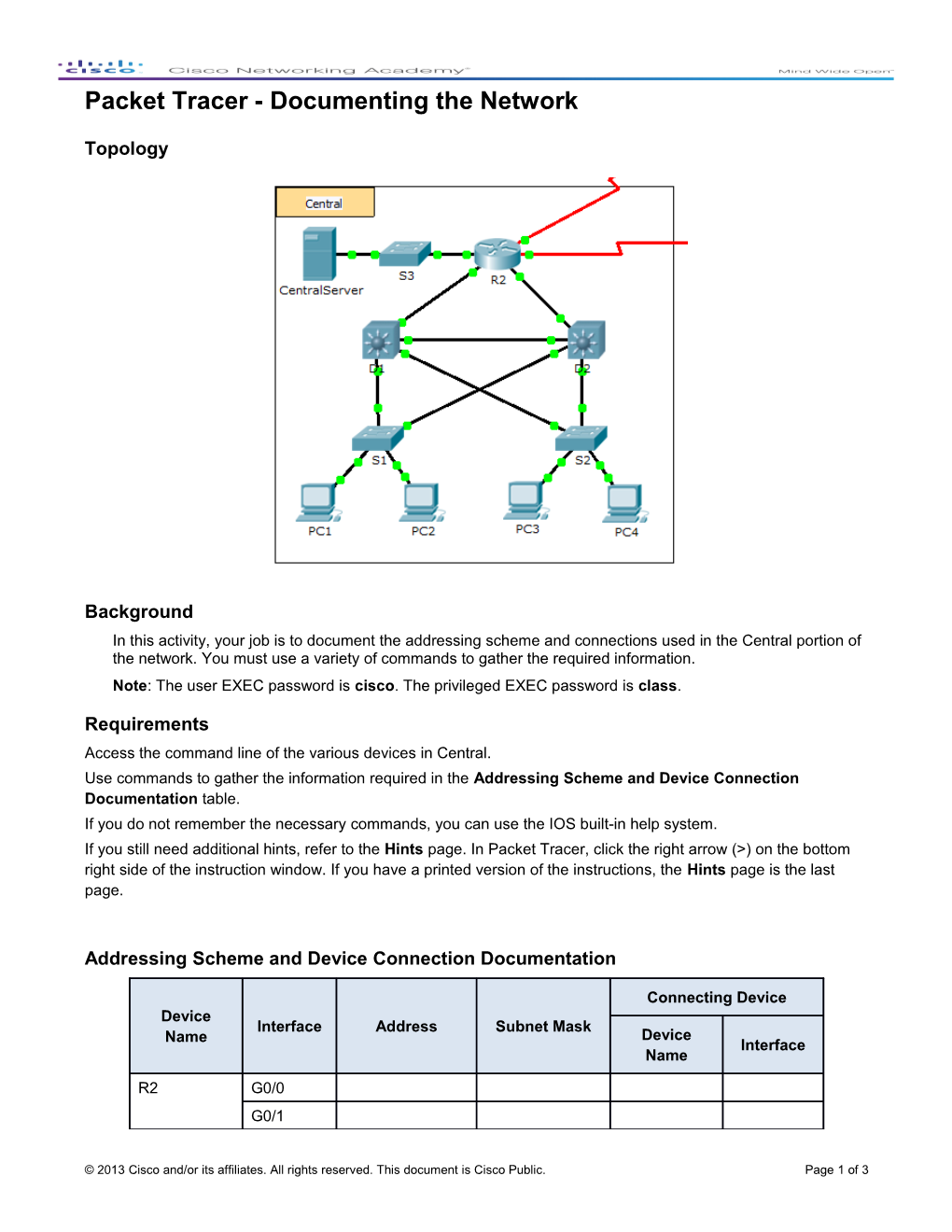 Packet Tracer- Document the Network