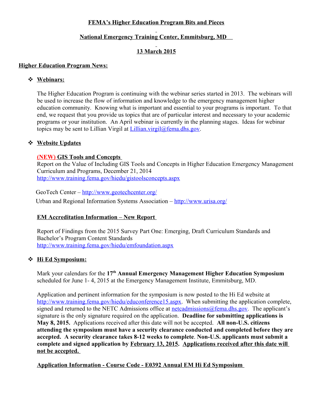 FEMA S Higher Education Program Bits and Pieces s15