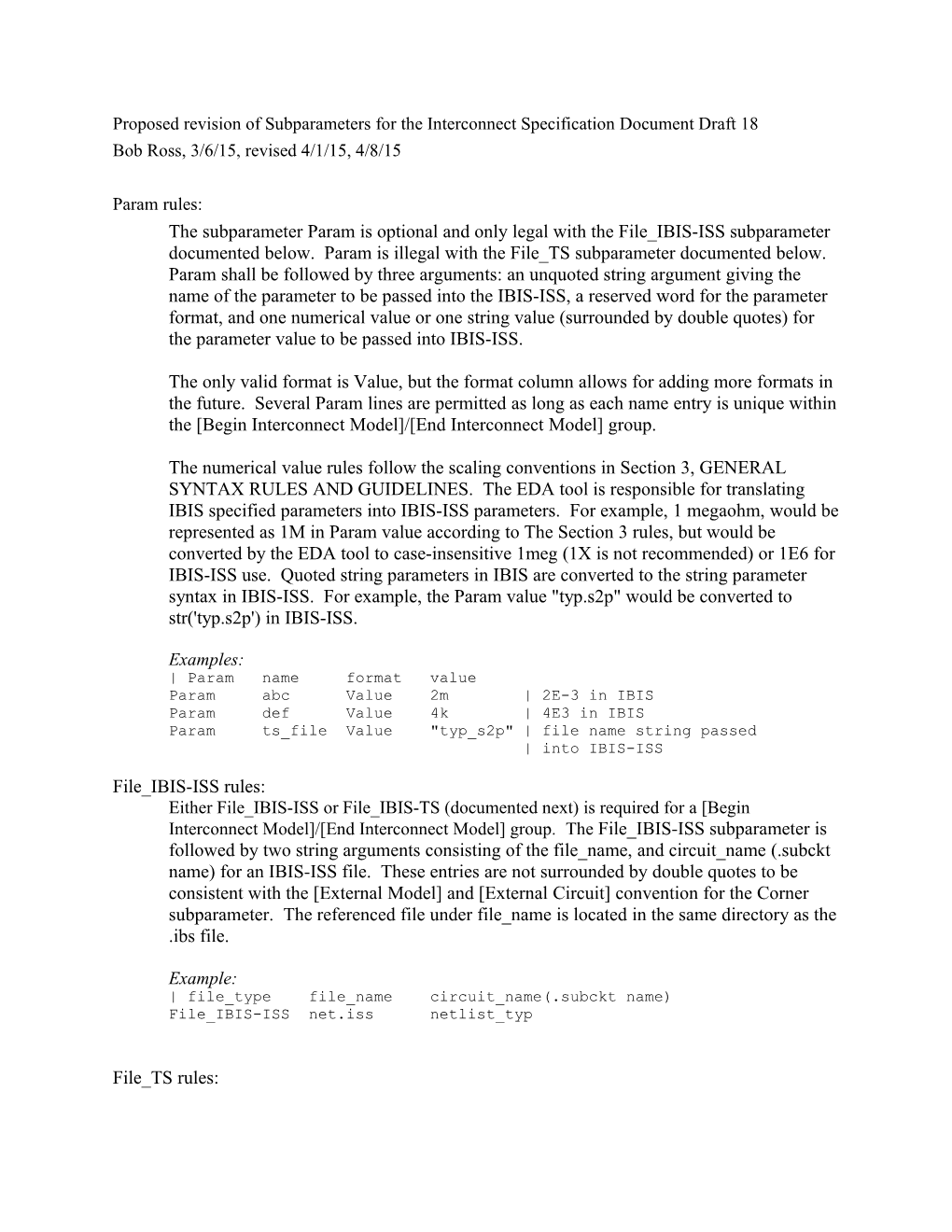 Proposed Revision of Subparameters for the Interconnect Specification Document Draft 18