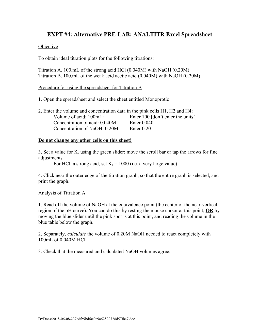 EXPT #4: Alternative PRE-LAB: ANALTITR Excel Spreadsheet