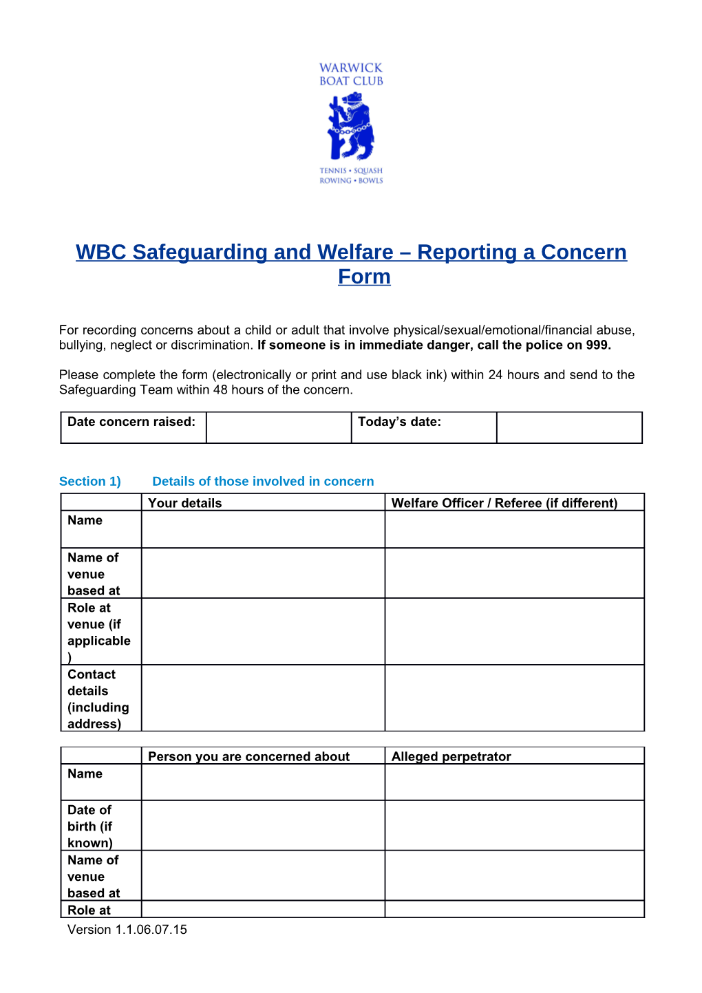 WBC Safeguarding and Welfare Reporting a Concern Form