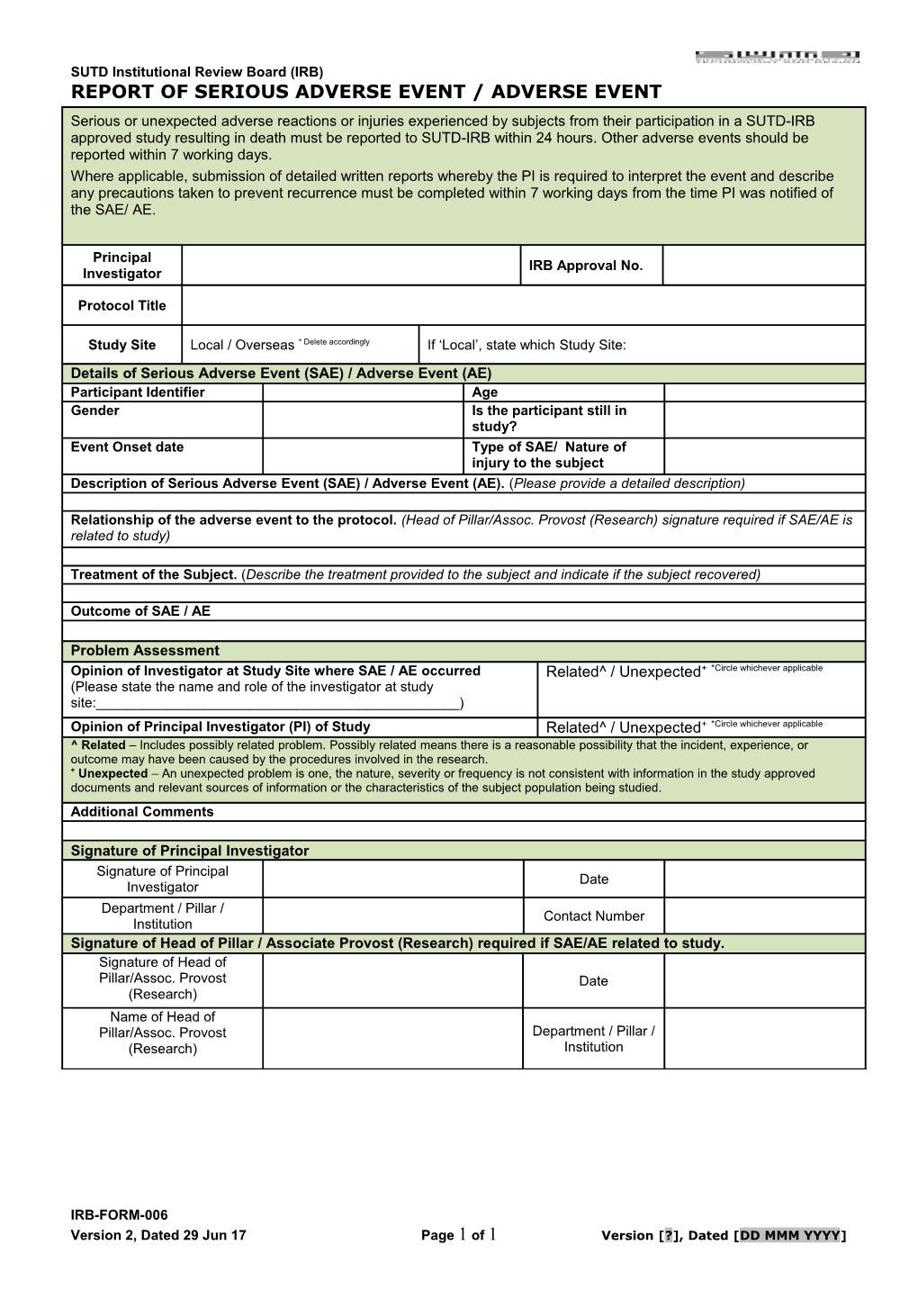 IRB Adverse Event Form