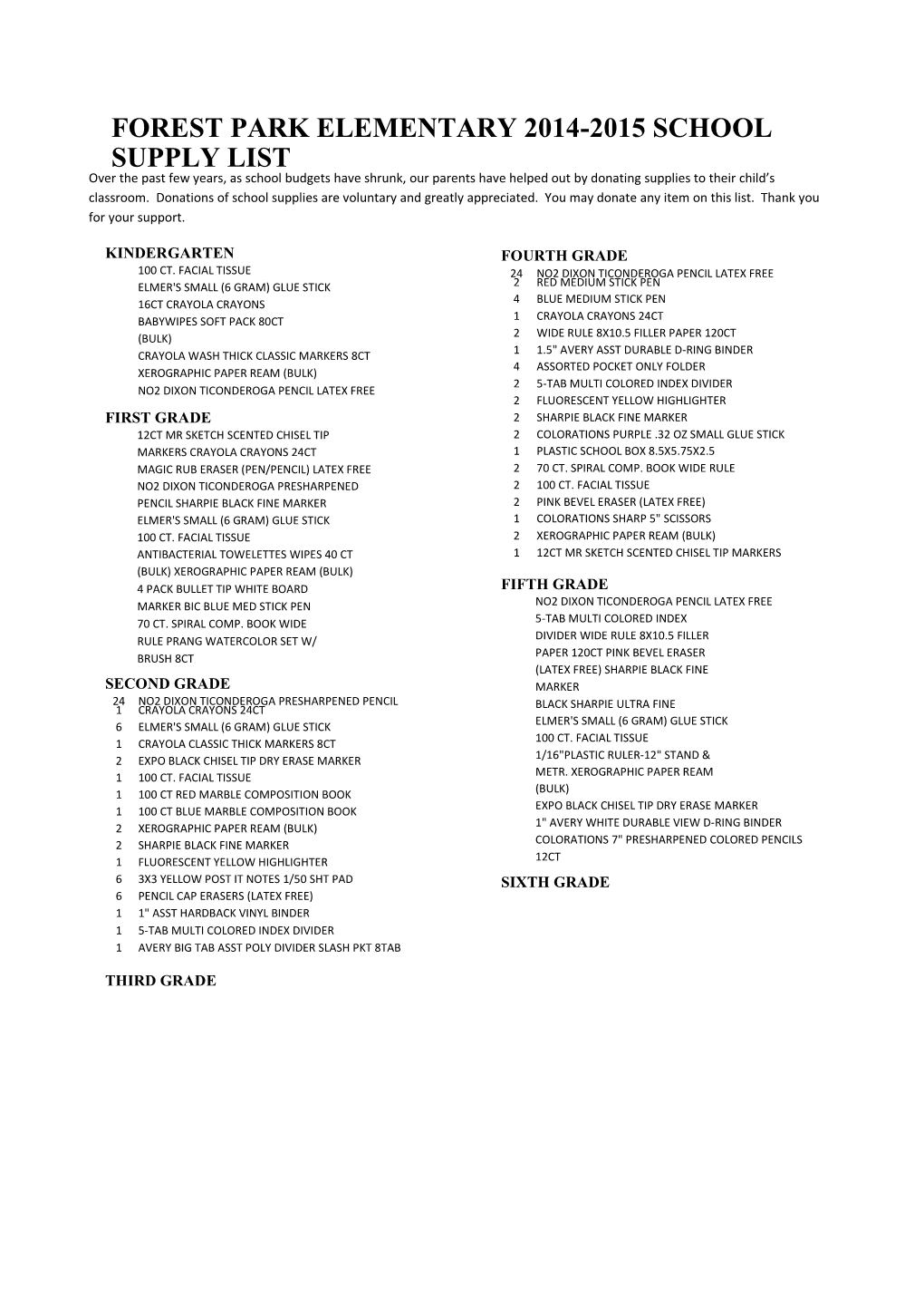 Forest Park Elementary 2014-2015 School Supply List