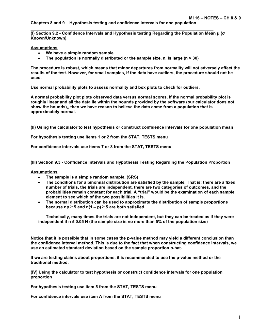 Chapters 8 and 9 Hypothesis Testing and Confidence Intervals for One Population s1