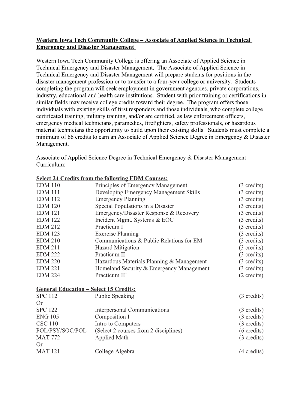 Western Iowa Tech Community College Associate of Applied Science in Emergency and Disaster