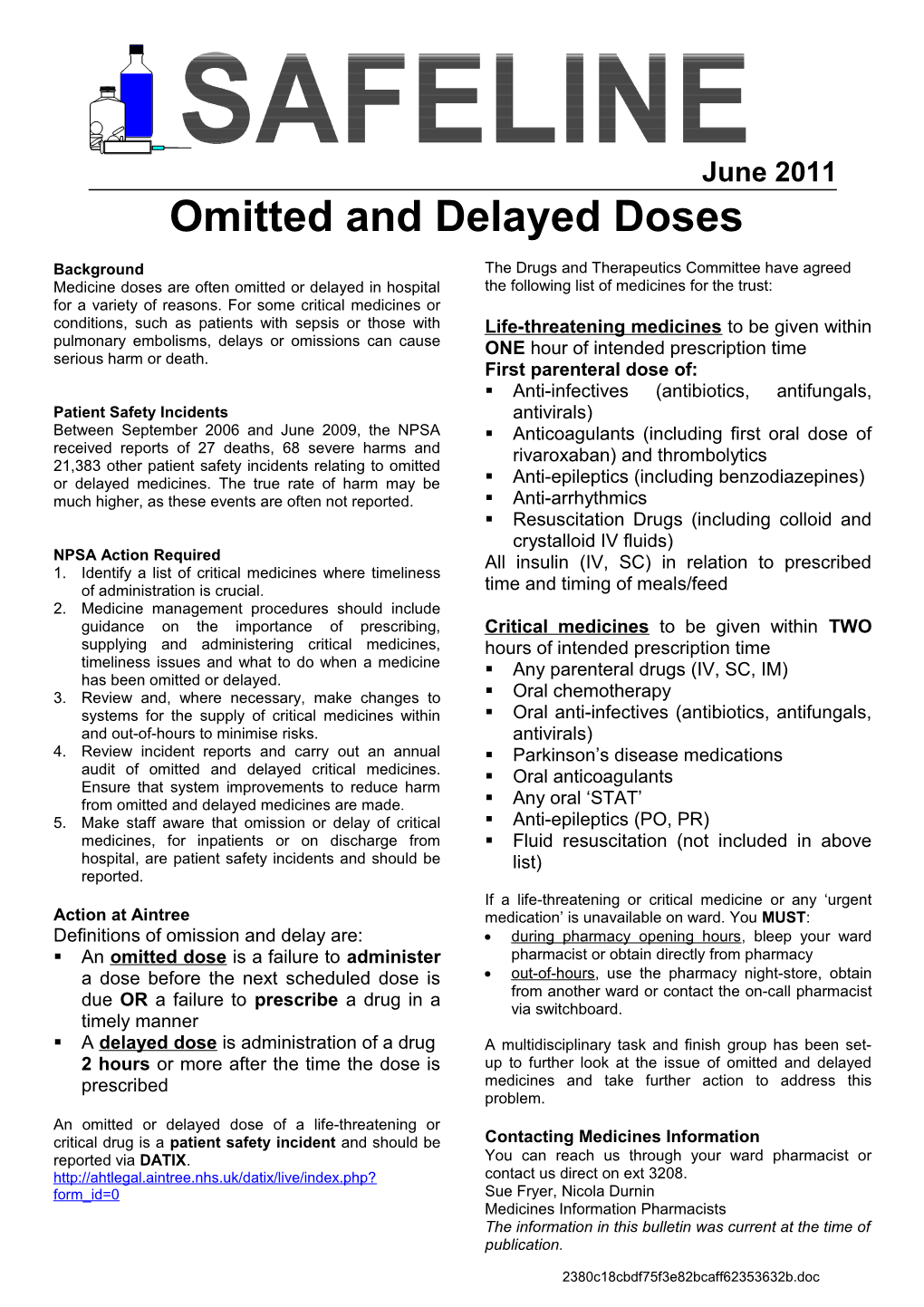 Safeline00060 Omitted and Delayed Doses