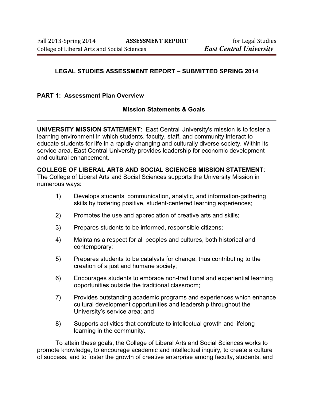 Fall 2013-Spring 2014 ASSESSMENT REPORT for Legal Studies