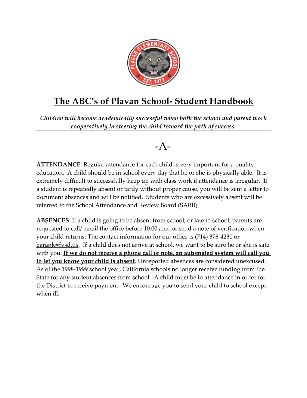The ABC S of Plavan School- Student Handbook