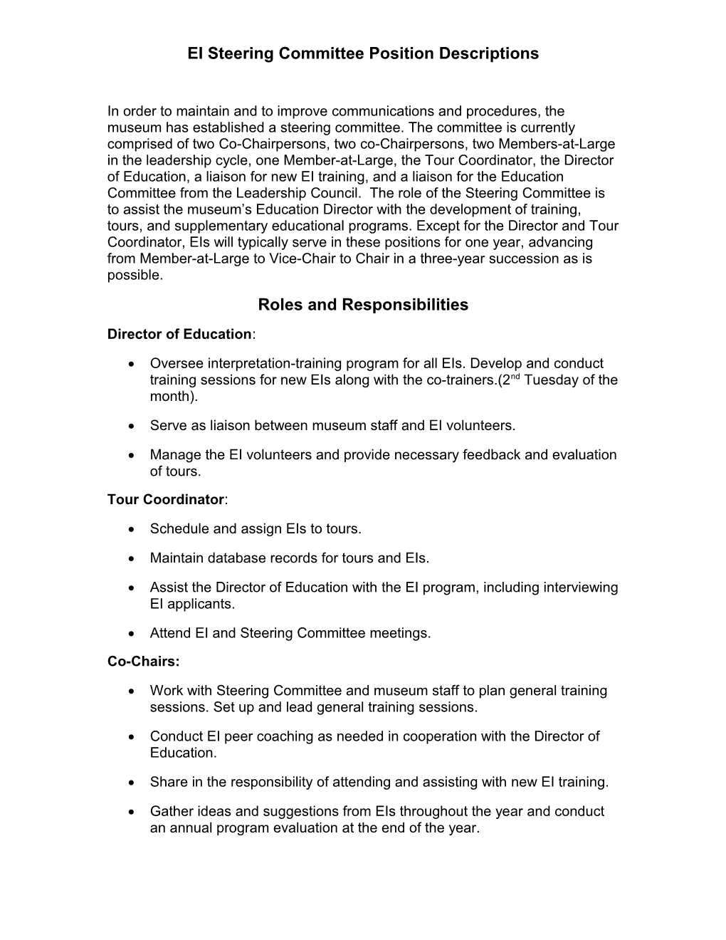 EI Steering Committee Position Descriptions