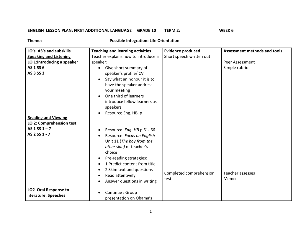 English Lesson Plan: First Additional Language Grade 10Term 2:Week 6