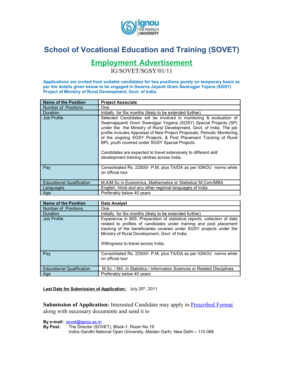 School of Vocational Education and Training (SOVET) Employment Advertisement