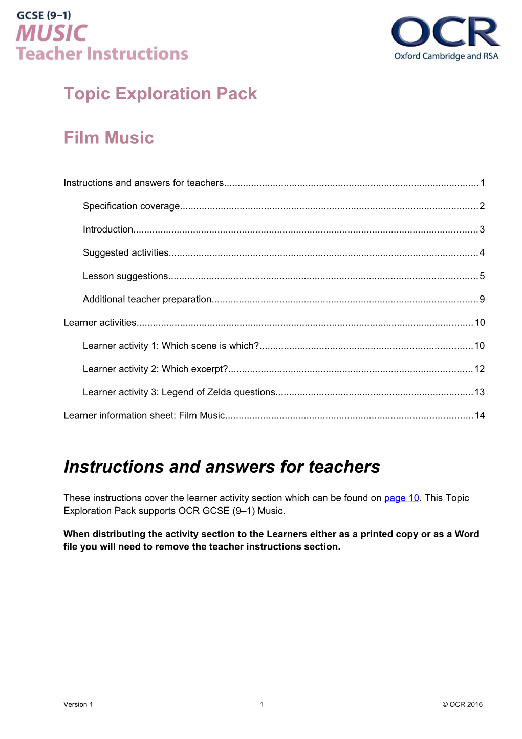 OCR GCSE (9-1) Music Topic Exploration Pack - Film Music