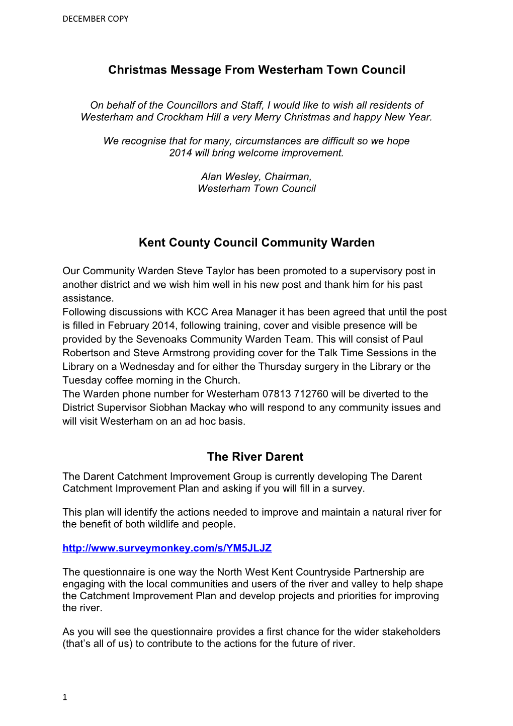 Christmas Message from Westerham Town Council