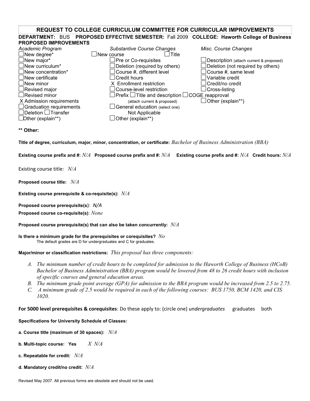 Request to College Curriculum Committee