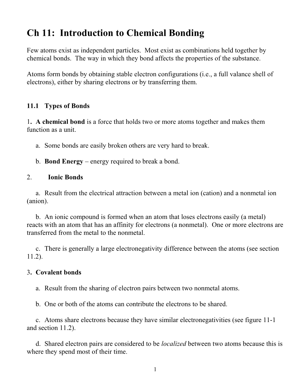 Ch 11: Introduction to Chemical Bonding