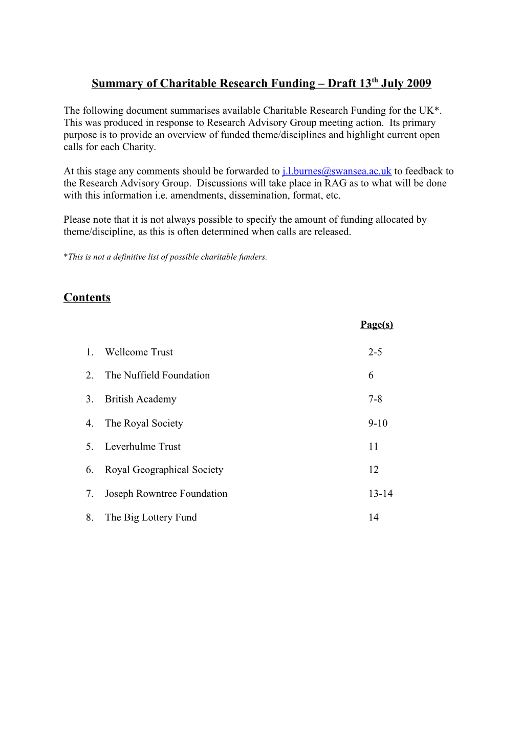 Summary of Charitable Research Funding Draft 13Th July 2009