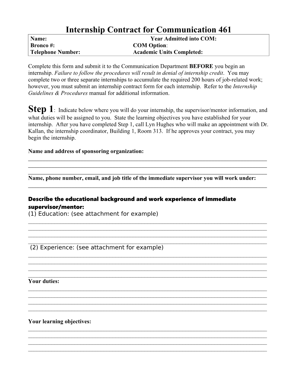 Internship Contract for Communication 461