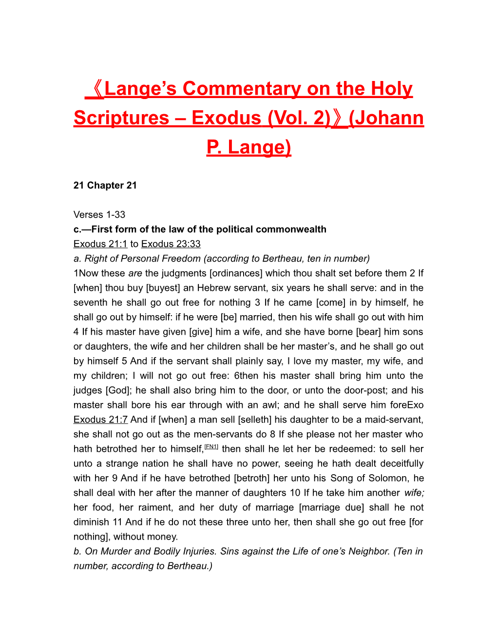 Lange S Commentary on the Holy Scriptures Exodus (Vol. 2) (Johann P. Lange)