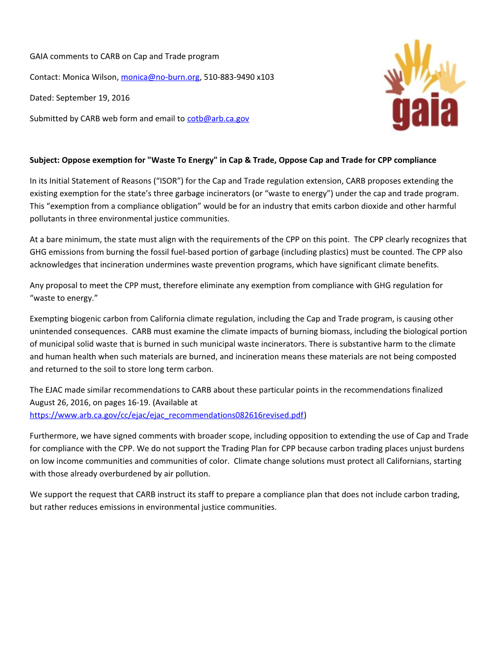 GAIA Comments to CARB on Cap and Trade Program