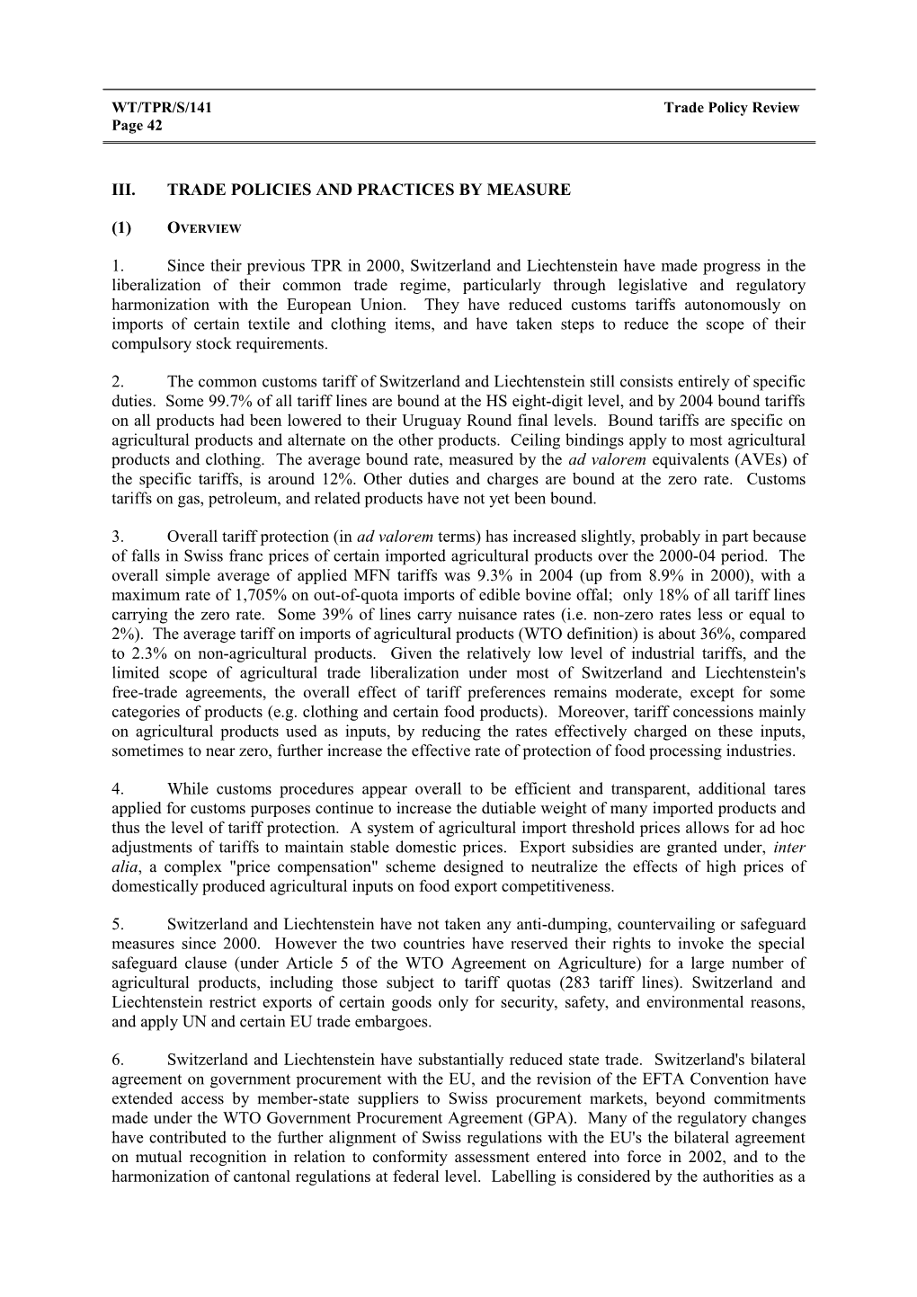 III. Trade Policies and Practices by Measure s6