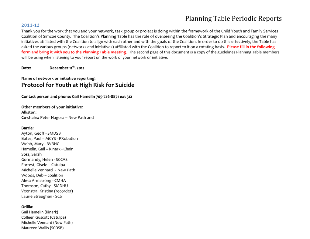 Planning Table Periodic Reports