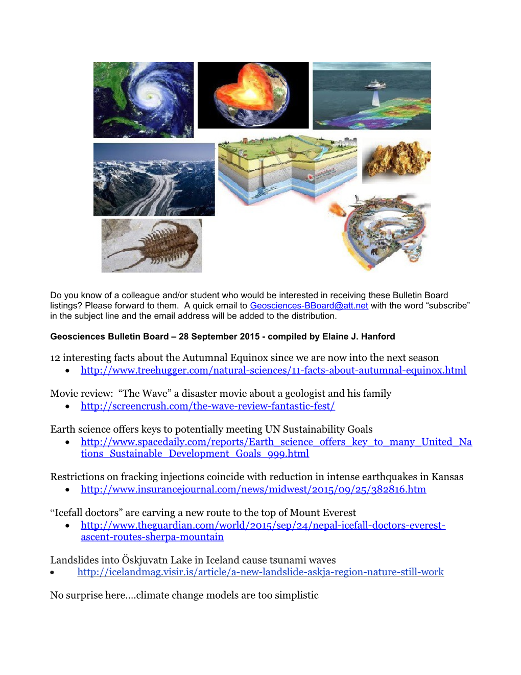 Geosciences Bulletin Board 28 September 2015 - Compiled by Elaine J. Hanford