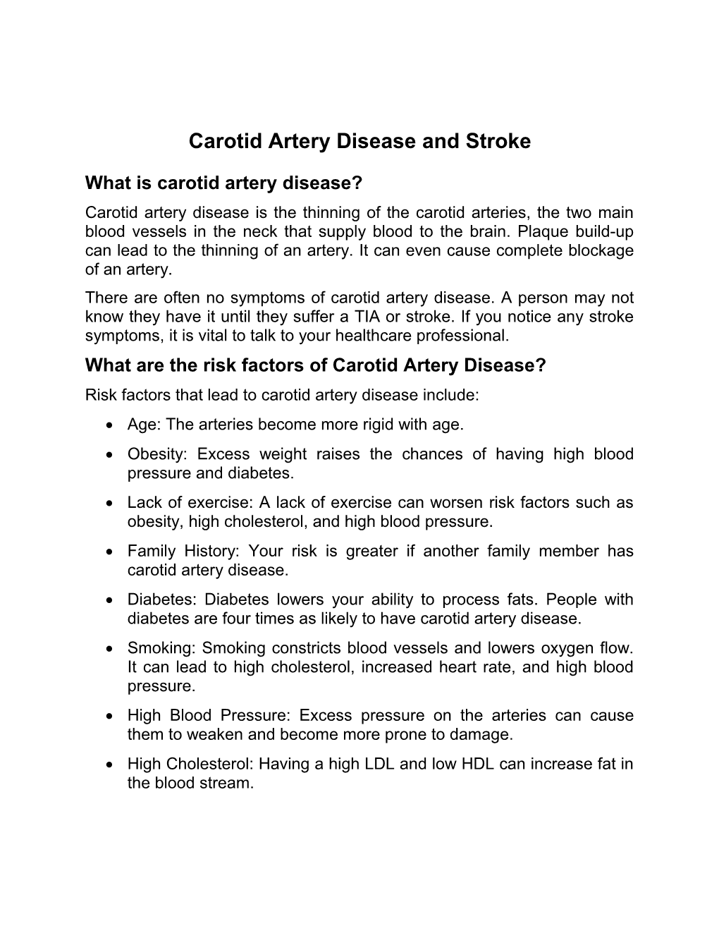 Carotid Artery Disease and Stroke