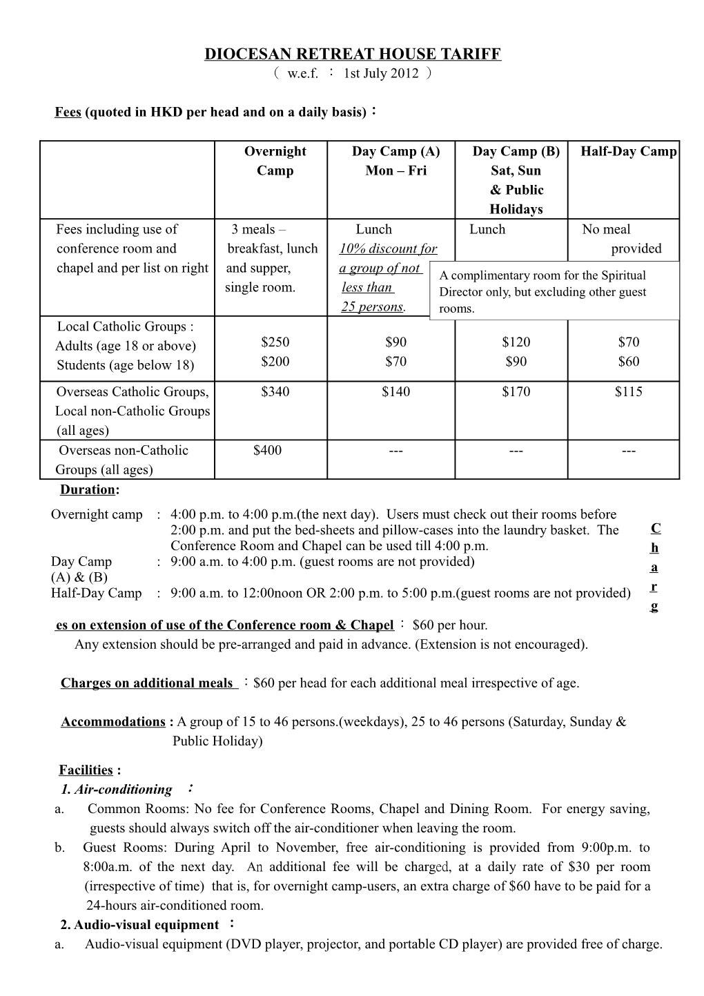 Fees (Quoted in HKD Per Head and on a Daily Basis)