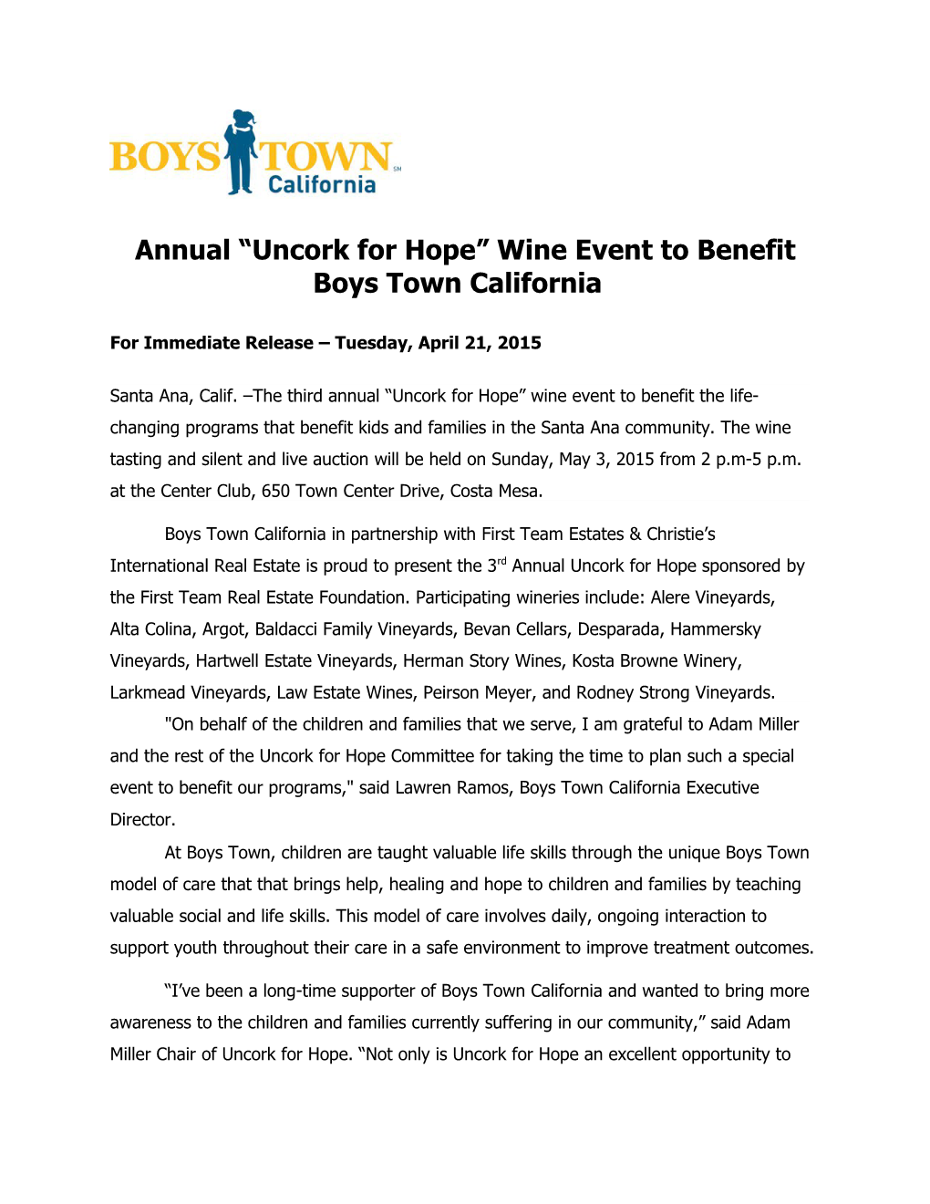 Annual Uncork for Hope Wine Event to Benefit Boys Town California