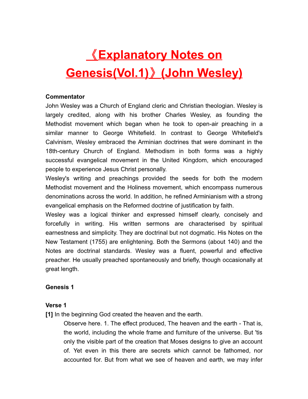 Explanatory Notes on Genesis(Vol.1) (John Wesley)
