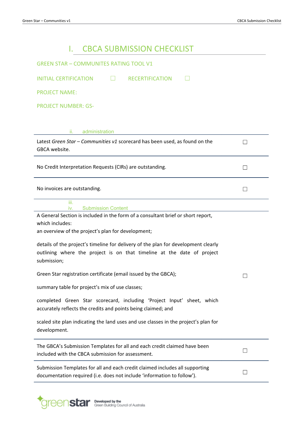 Green Star Communities V1cbca Submission Checklist