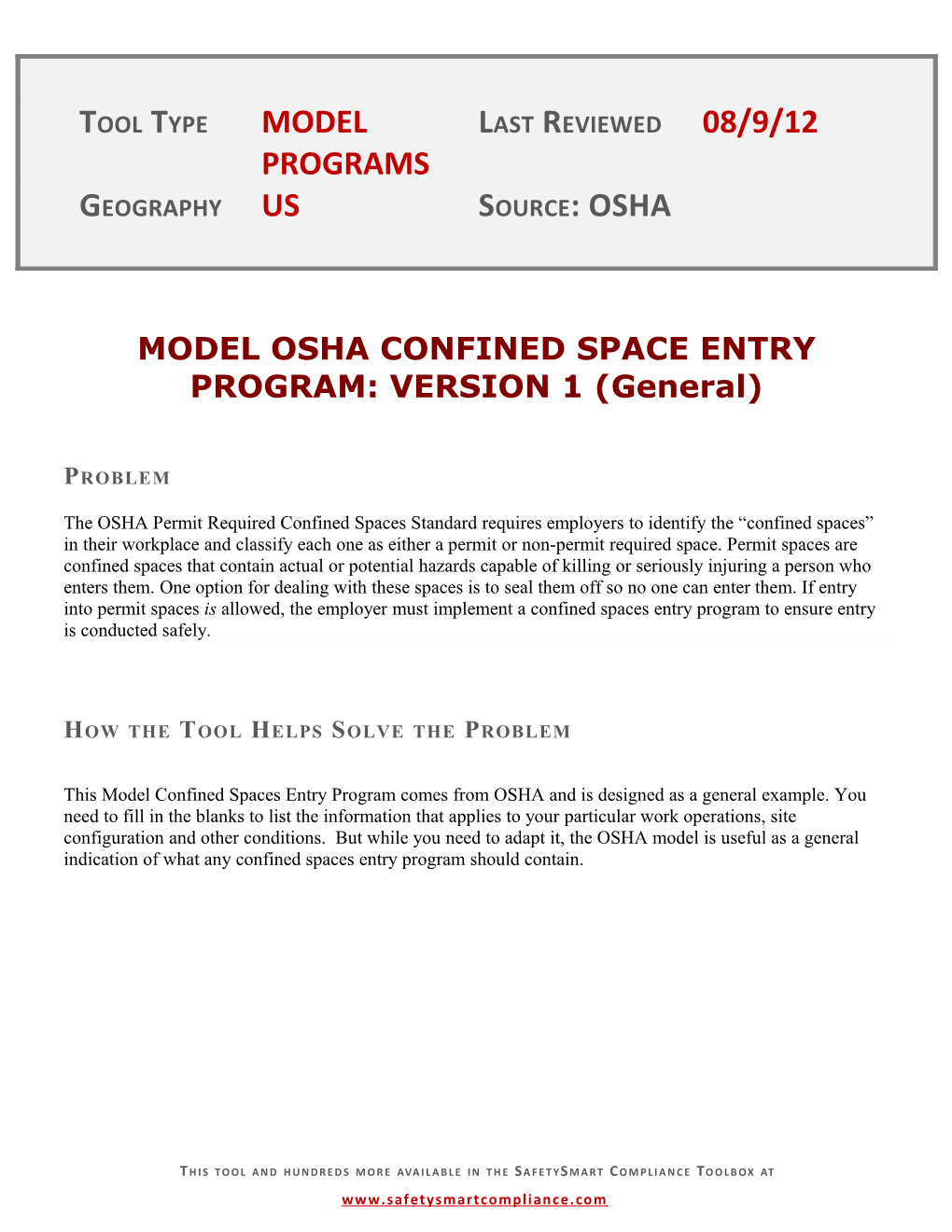 MODEL OSHA CONFINED SPACE ENTRY PROGRAM: VERSION 1 (General)
