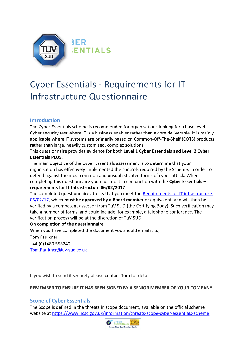 Cyber Essentials - Requirements for IT Infrastructure Questionnaire