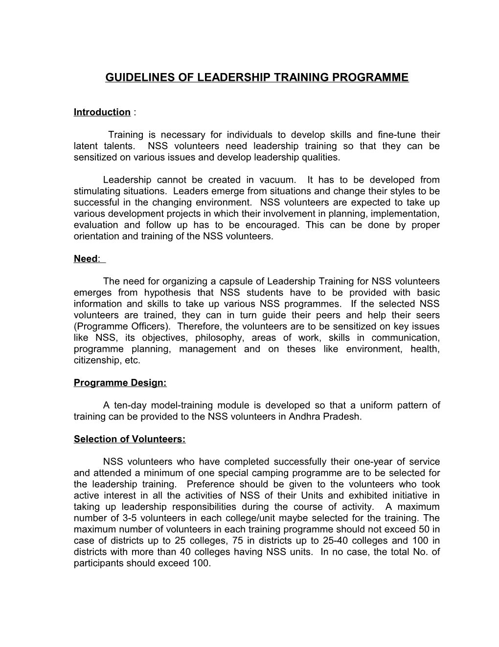 Guidelines of Leadership Training Programme