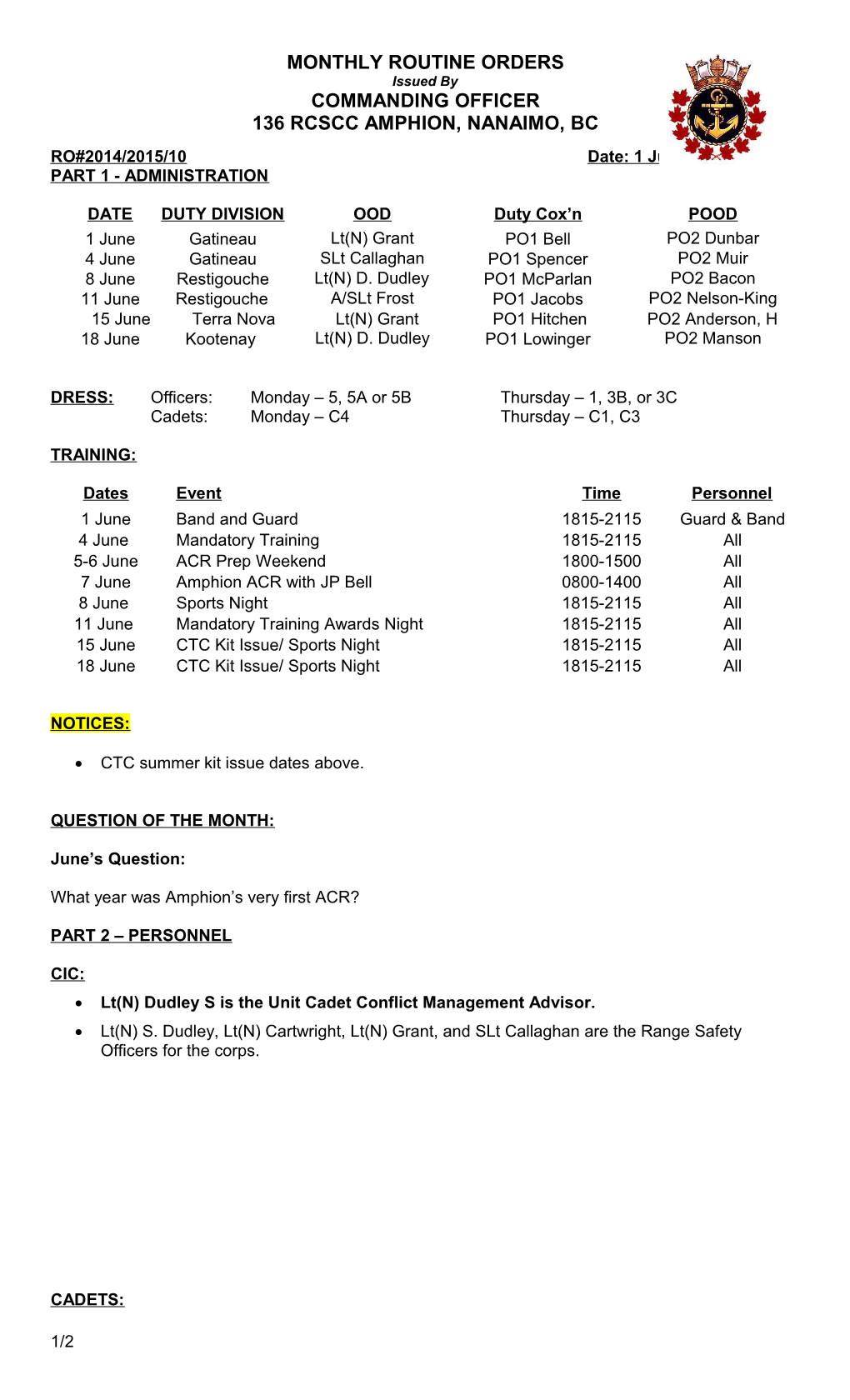 Cadet Monthly Routine Orders