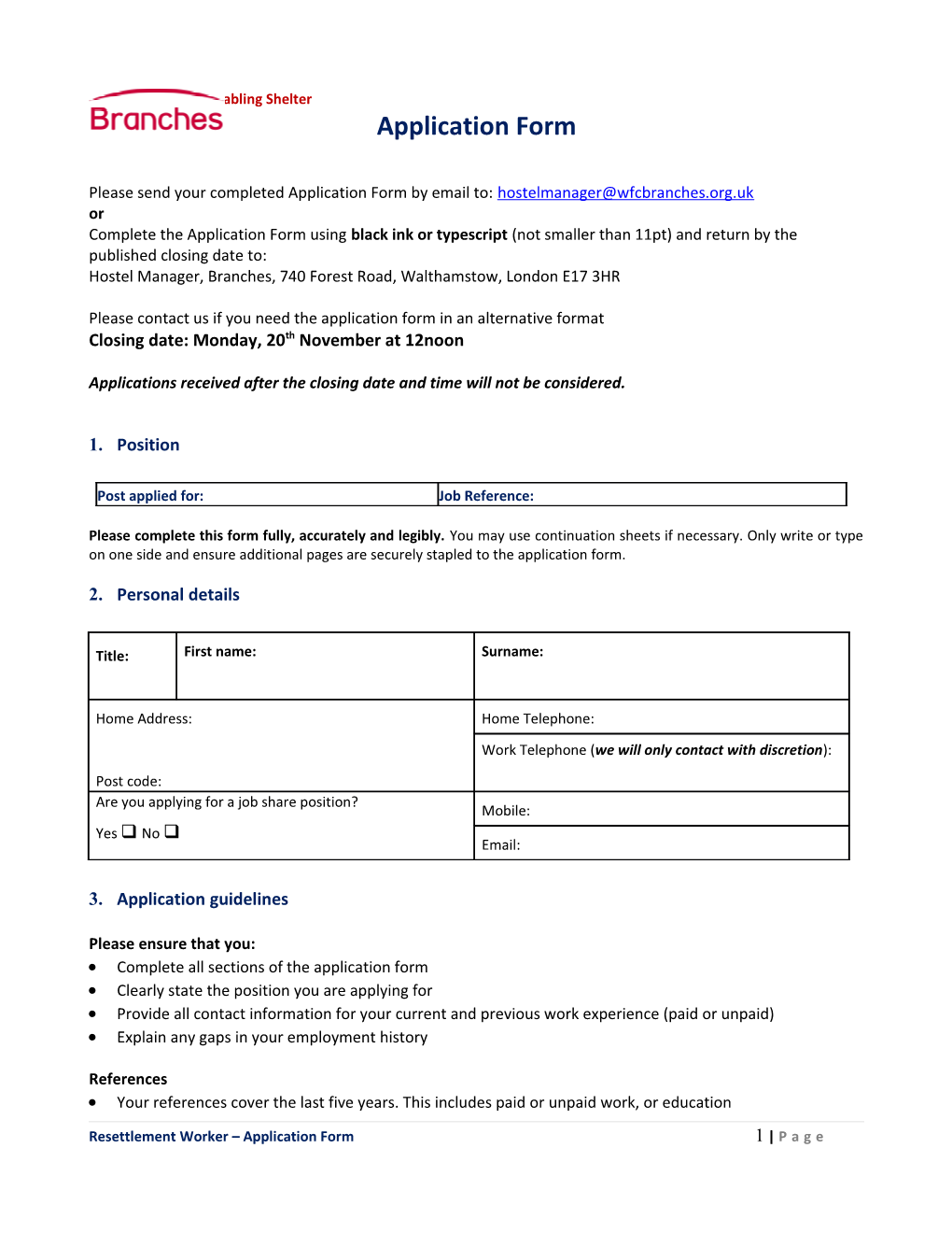 Resettlement Worker Application Form 1 Page
