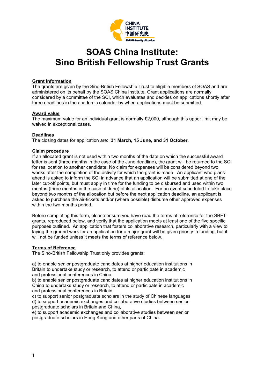 Sino British Fellowship Trust Grants