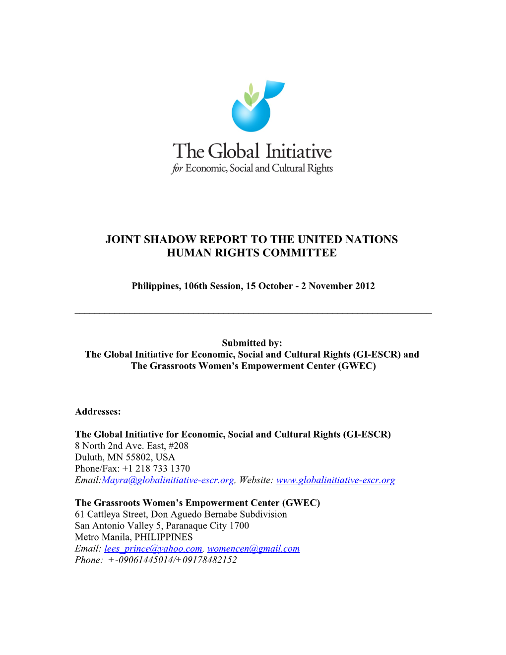 Joint Shadow Report to the United Nations