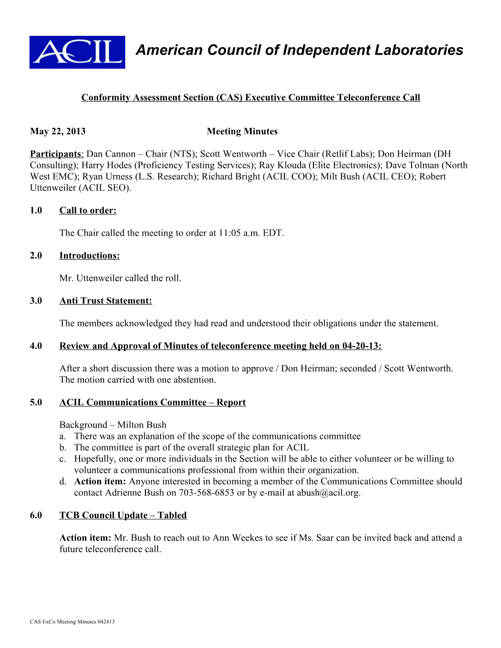 Conformity Assessment Section (CAS) Executive Committee Teleconference Call