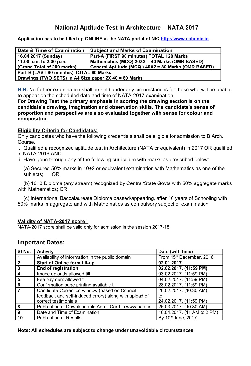 National Aptitude Test in Architecture NATA 2017