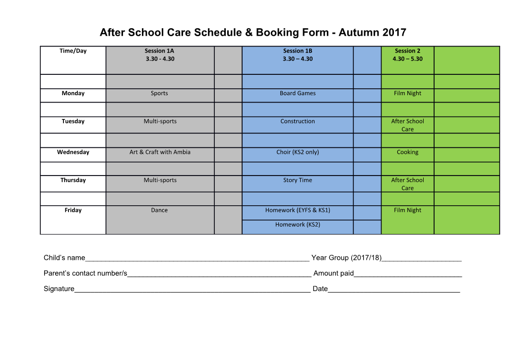 After School Care Schedule & Booking Form - Autumn2017