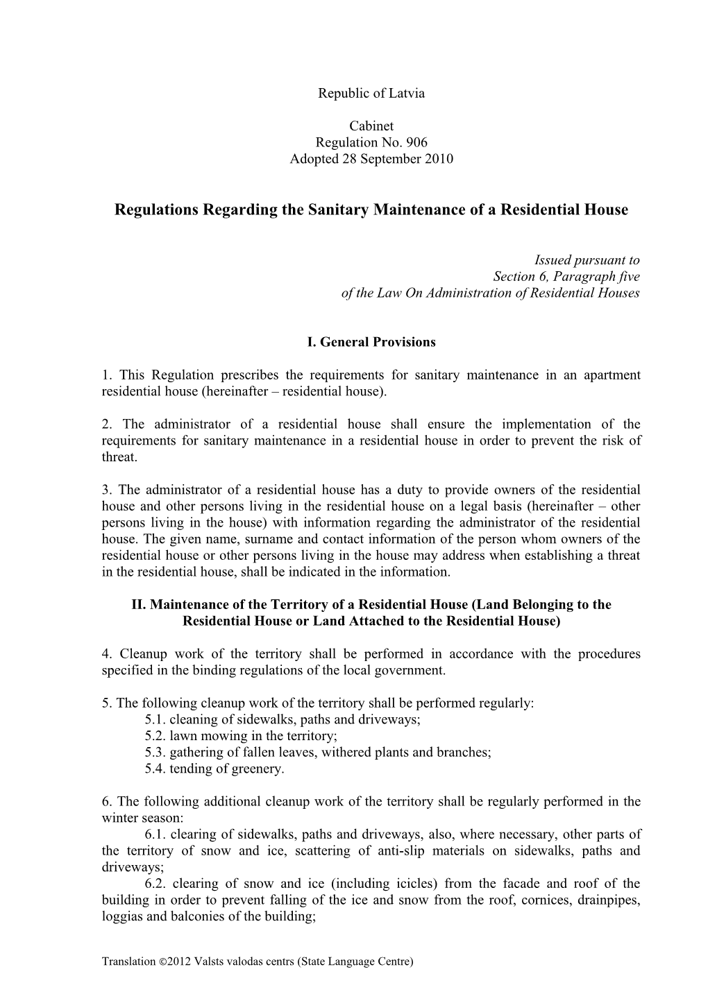 Regulations Regarding the Sanitary Maintenance of a Residential House