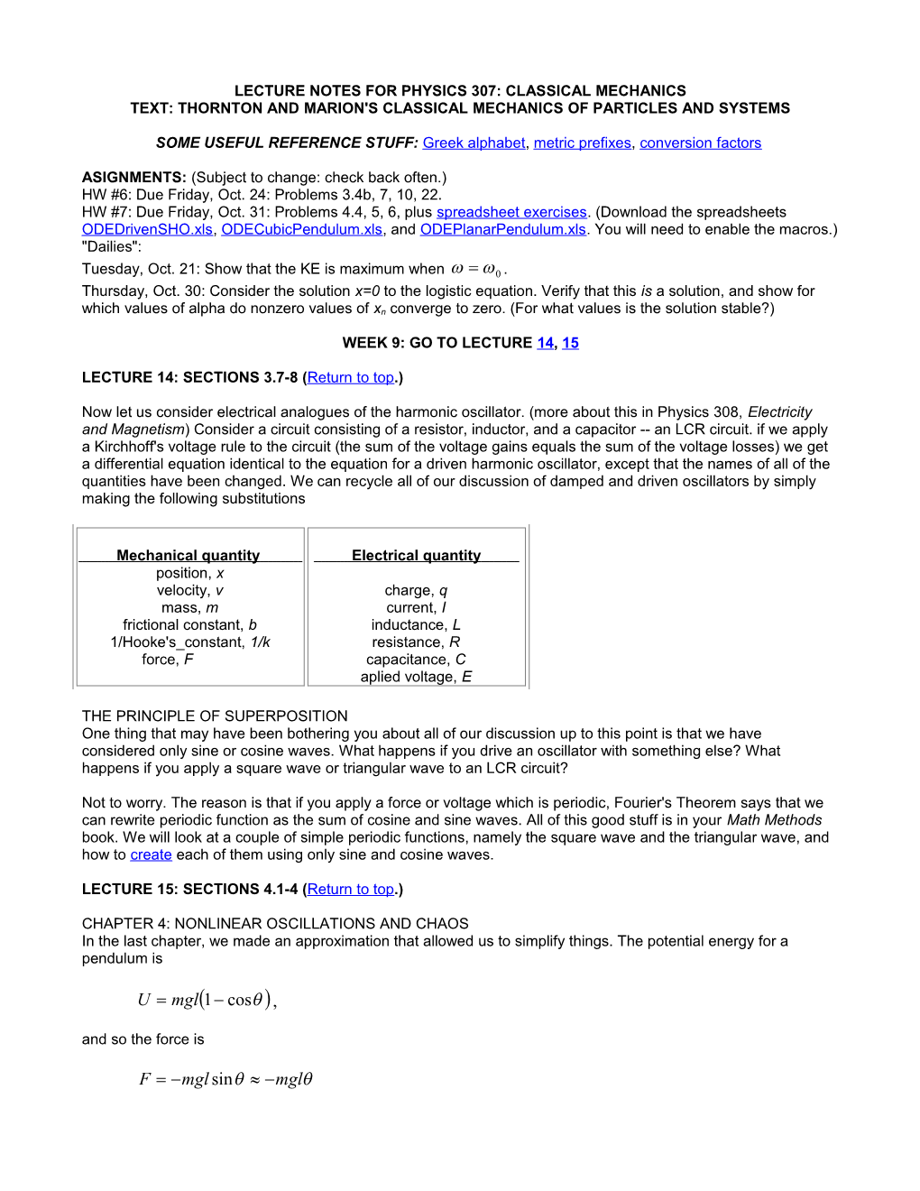 PHYS 307 LECTURE NOTES, Daniel W. Koon, St. Lawrence Univ