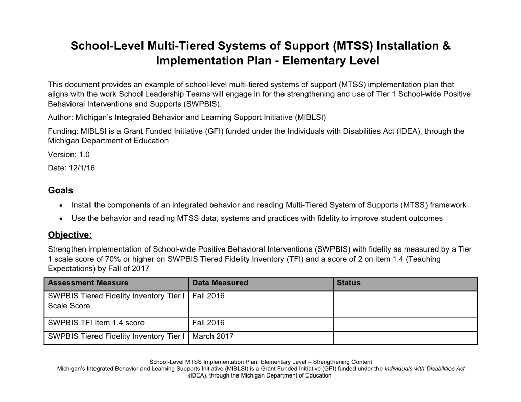 School-Level Multi-Tiered Systems of Support (MTSS) Installation & Implementation Plan