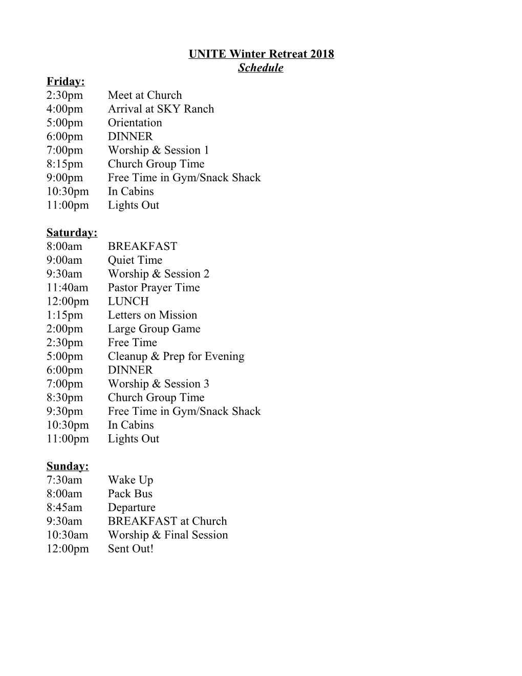 UNITE Winter Retreat 2018 Schedule