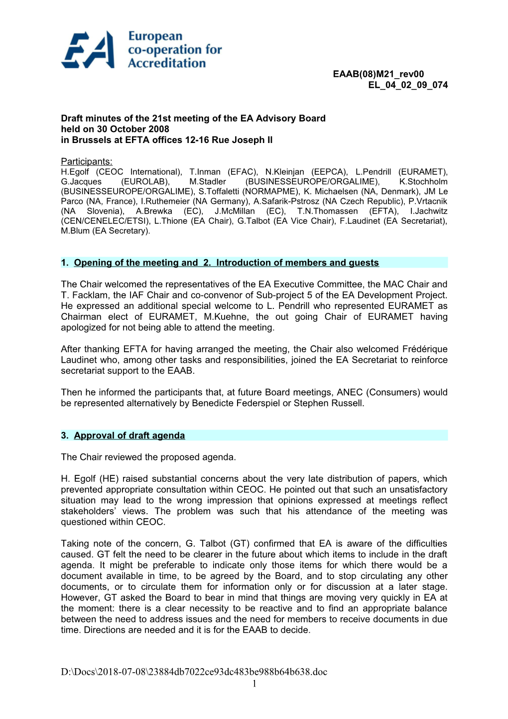 Draft Agenda of the 21St Meeting of the EA Advisory Board